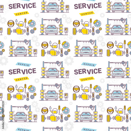 Vector illustration of car repair and maintenance on white background. Line art style design of car wash service seamless pattern