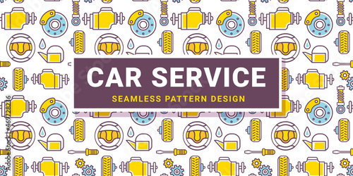 Vector horizontal illustration of different car part on white background. Line art style design of car service seamless pattern with frame