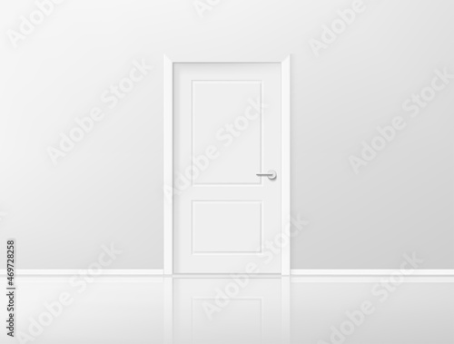 Closed door in bright interior with mirror on a floor. Realistic 3d style vector illustration