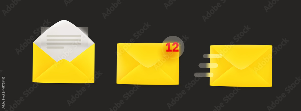 Yellow envelopes icons set. Vector illustration with glassmorphism effect Yellow envelopes icons set. Vector illustration with glassmorphism effect