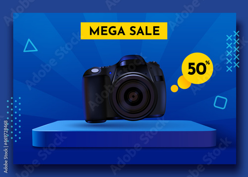 Sale social media post template with photo camera. Premium product stand. Special offer.