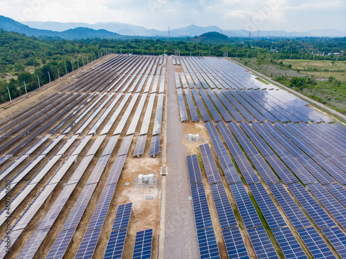 Top view of solar panels (solar cell) in solar farm with green tree and sun lighting reflect .Photovoltaic plant field.