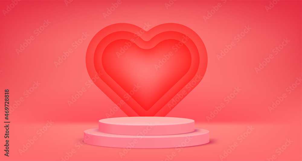 Bright red scene with heart shape. Horizontal banner with copy space