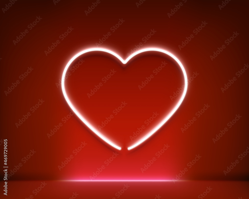 Neon glowing heart shape in dark red interior. 3d style realistic vector illustration Neon glowing heart shape in dark red interior. 3d style realistic vector illustration