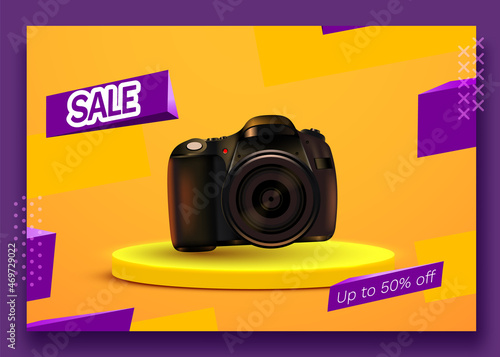 Sale social media post template with photo camera. Premium product stand. Special offer.