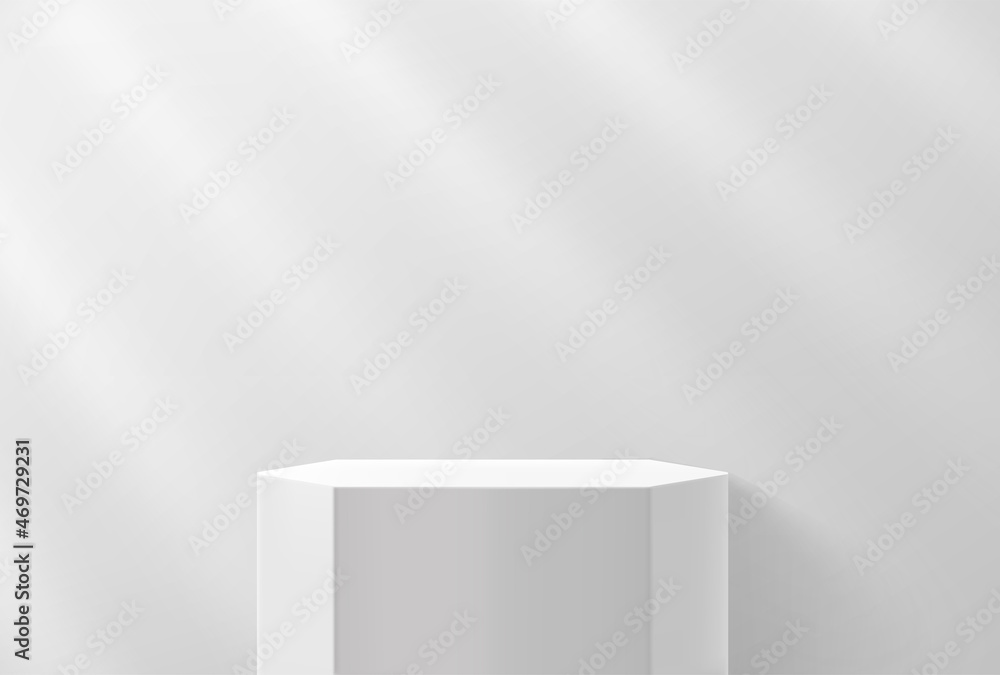 Fototapeta premium Bright soft interior with empty pedestal and sun flare effect. Realistic 3d style vector illustration