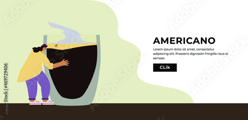 illustration of a person with a cup of coffee. girl with black hair in trendy clothes hugs a big glasses of coffee. Flat vector banner with woman and mug.