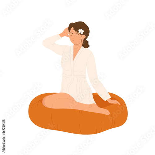 Beautiful young woman sitting in a bag chair and relaxing. Spa salon, oriental medicine massage concept. Vector illustration in cartoon style. Isolated on white background.