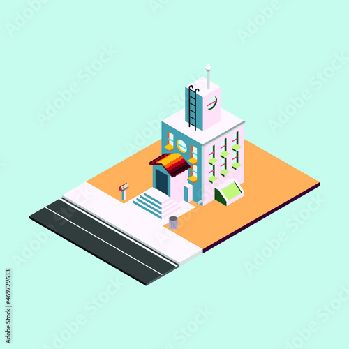  A three-dimensional two-storey building with a parapet and a staircase, with a cellar, with a courtyard on a sandy territory with a chimney on top, with an adjacent road and sidewalk. Isometry. 