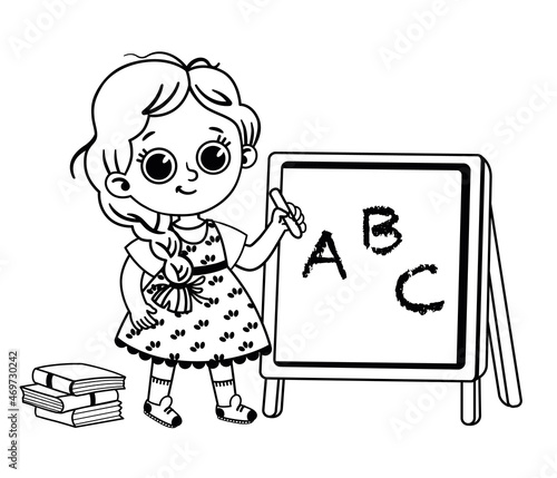 Black and white vector illustration of primary school student in front of blackboard.