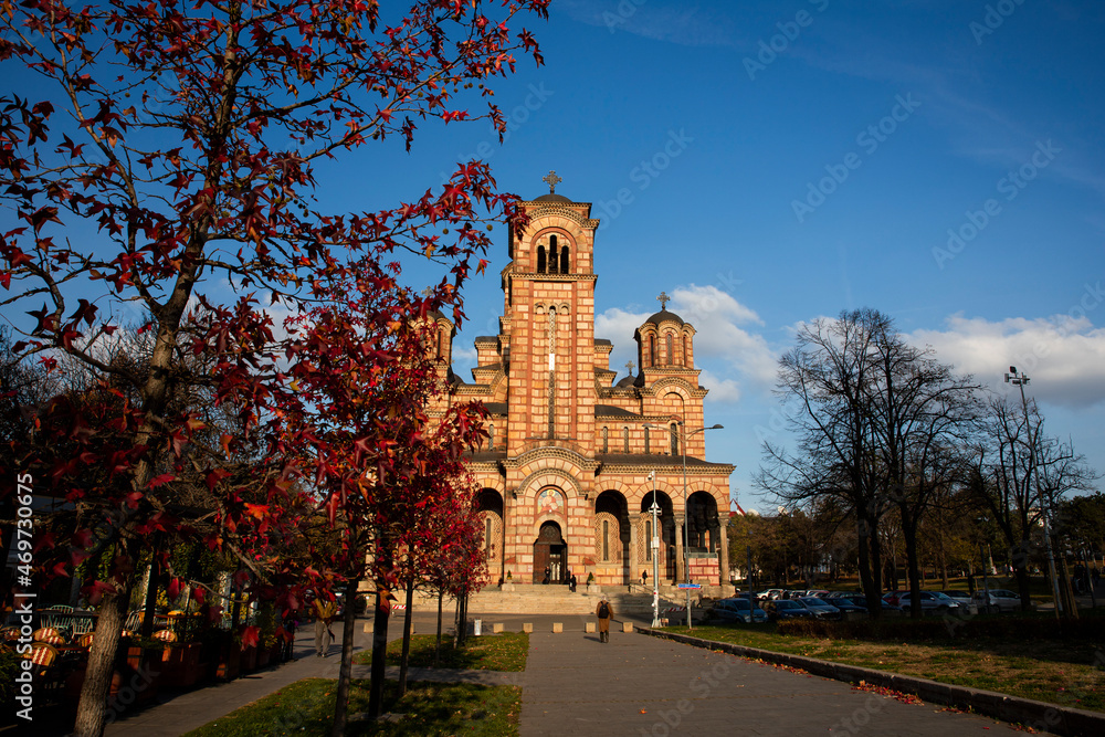 BELGRADE, Serbia - November 15, 2021 - St. Mark's Church (crkva Svetog Marka in serbian language). Orthodox church located in the Tasmajdan park in Belgrade, Serbia.