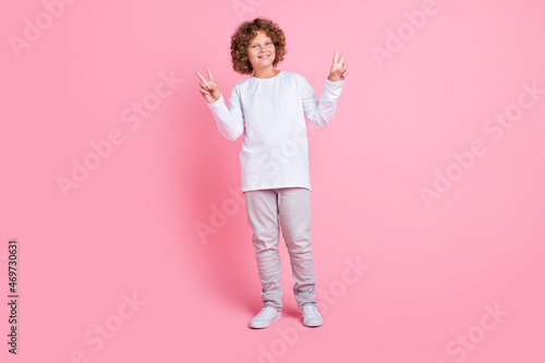 Full size photo of happy cheerful small child show v-signs enjoy smile isolated on pastel pink color background