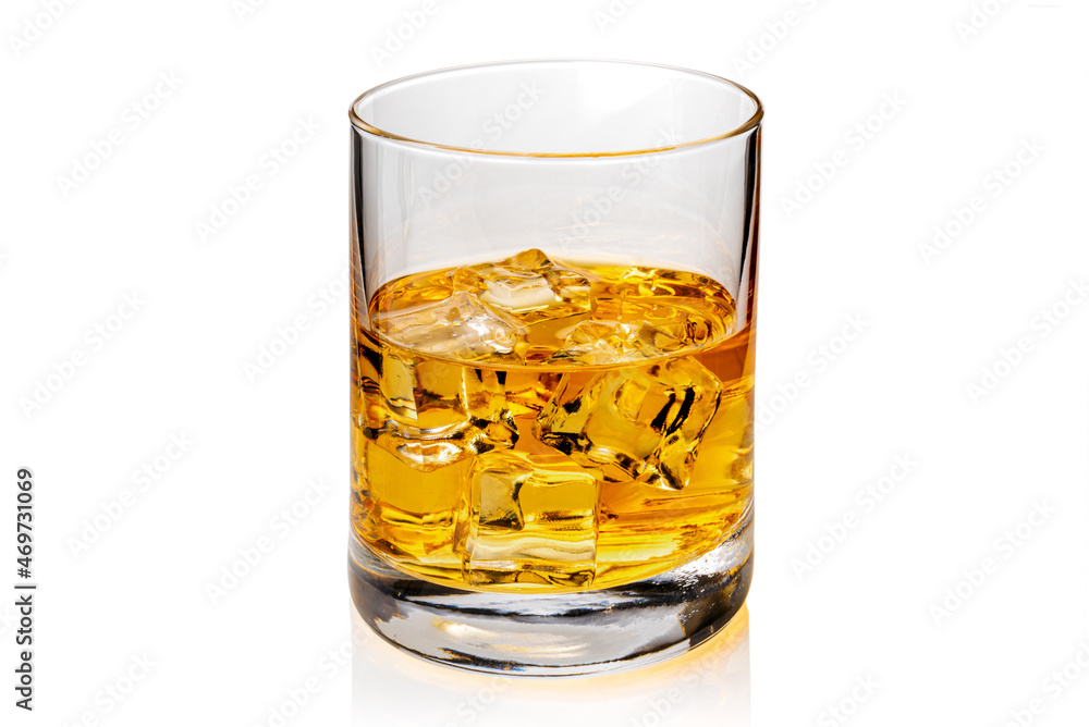 Glass of whiskey or whisky or american Kentucky bourbon with ice cubes with its reflection on the plan. isolated on white Glass of whiskey or whisky or american Kentucky bourbon with ice cubes with its reflection on the plan. isolated on white