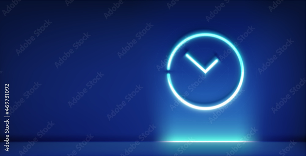 Neon glowing clock sign in dark illuminated interior. 3d style vector banner with copy space Neon glowing clock sign in dark illuminated interior. 3d style vector banner with copy space