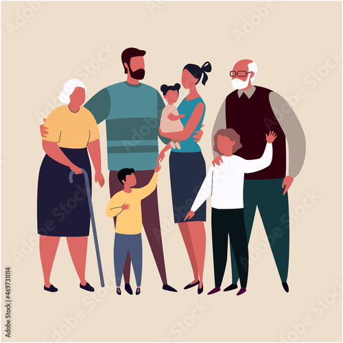 Three generations of a family together. Vector illustration in flat cartoon style. photo