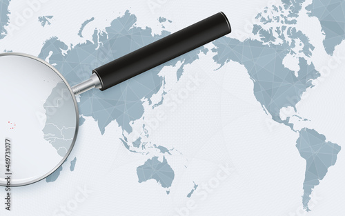 Asia centered world map with magnified glass on Cape Verde. Focus on map of Cape Verde on Pacific-centric World Map.