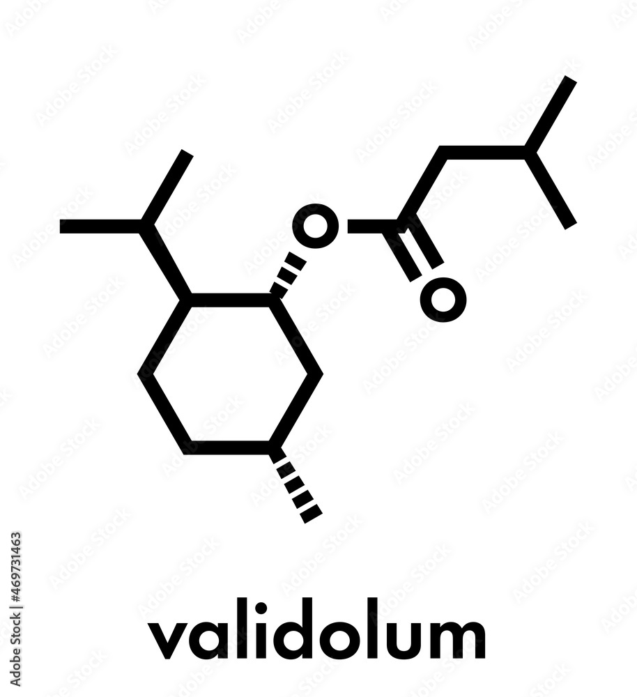 Menthyl isovalerate or validolum drug molecule. Skeletal formula. Menthyl isovalerate or validolum drug molecule. Skeletal formula.