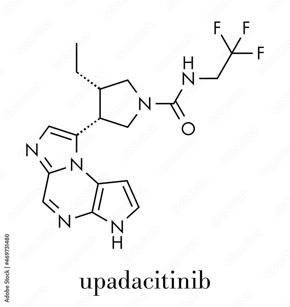 Upadacitinib drug molecule. Second generation janus kinase inhibitor with selectivity for JAK1. Skeletal formula. - obrazy, fototapety, plakaty 