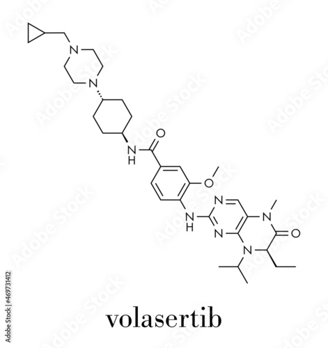 Volasertib cancer drug molecule (PLK1 inhibitor). Skeletal formula.