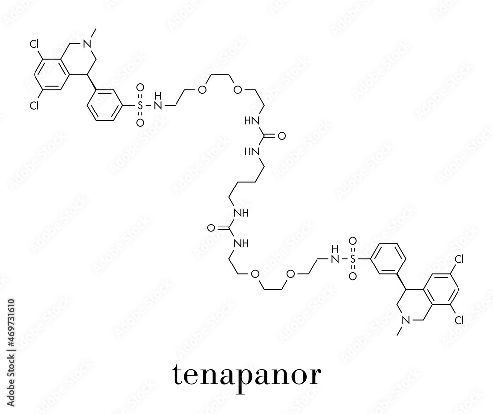 Tenapanor drug molecule. Skeletal formula. Tenapanor drug molecule. Skeletal formula.