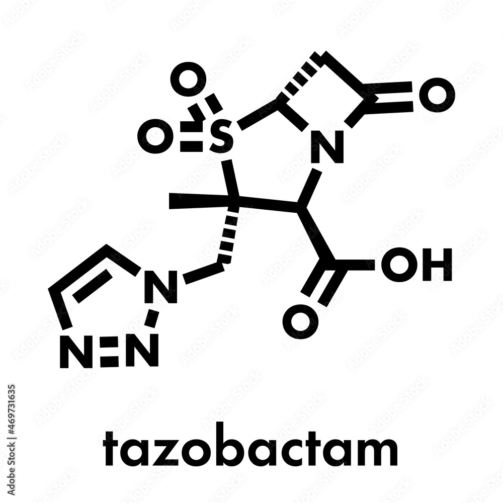 Tazobactam drug molecule. Inhibitor of bacterial beta-lactamase enzymes. Skeletal formula. Tazobactam drug molecule. Inhibitor of bacterial beta-lactamase enzymes. Skeletal formula.