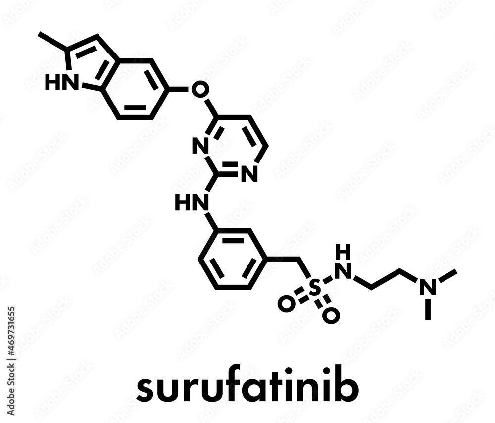 Surufatinib cancer drug molecule. Skeletal formula.