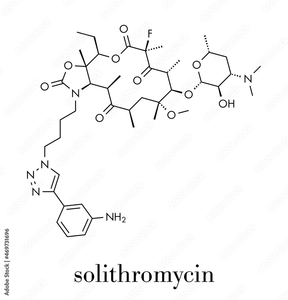 Solithromycin antibiotic drug molecule. Skeletal formula. Solithromycin antibiotic drug molecule. Skeletal formula.