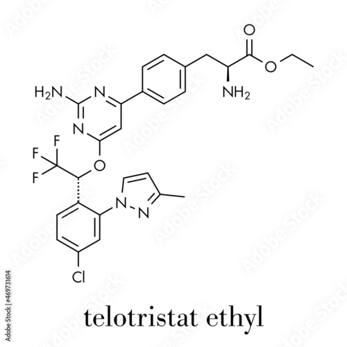 Telotristat ethyl drug molecule (tryptophan hydroxylase inhibitor). Skeletal formula. photo