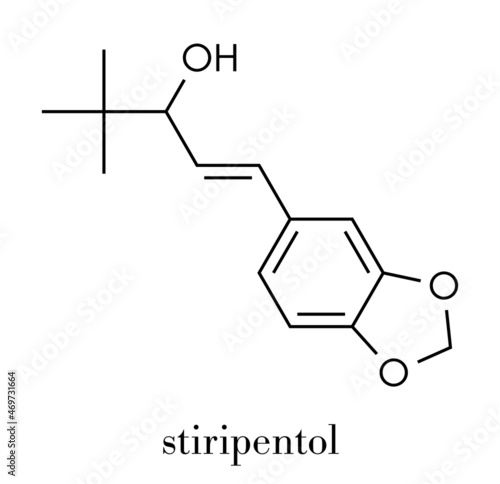 Stiripentol epilepsy drug molecule. Skeletal formula.