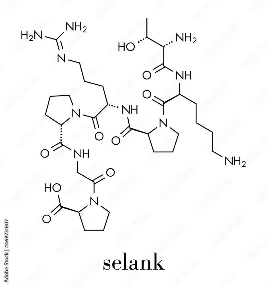 Selank nootropic and anxiolytic peptide drug molecule. Skeletal formula.