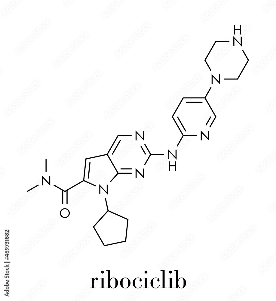 Ribociclib cancer drug molecule (CDK4/6 inhibitor). Skeletal formula.