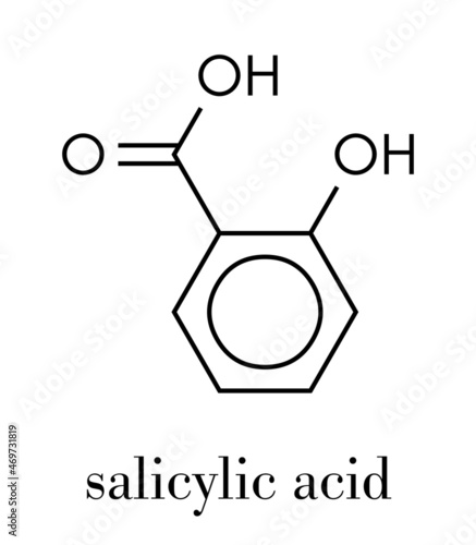 Salicylic acid molecule. Used in cosmetics, in dermatological medicines, etc. Skeletal formula.