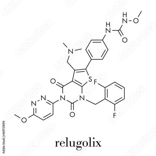 Relugolix drug molecule (gonadotropin-releasing hormone receptor antagonist). Skeletal formula.