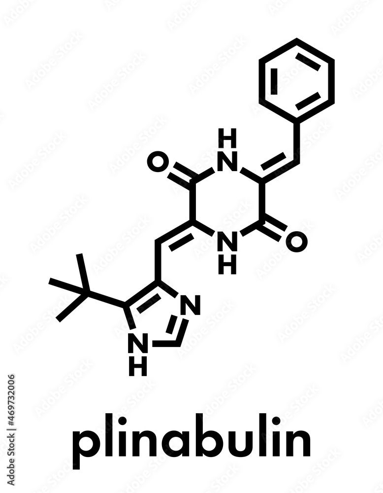 Plinabulin cancer drug molecule. Skeletal formula. Plinabulin cancer drug molecule. Skeletal formula.