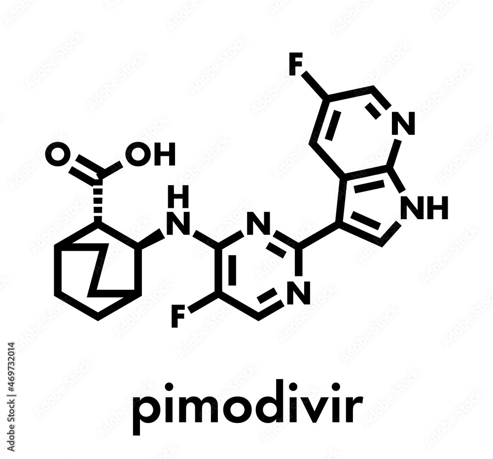 Pimodivir influenza drug molecule. Skeletal formula. Pimodivir influenza drug molecule. Skeletal formula.