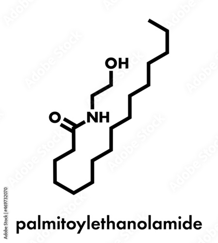 Palmitoylethanolamide (PEA) drug molecule. Skeletal formula.