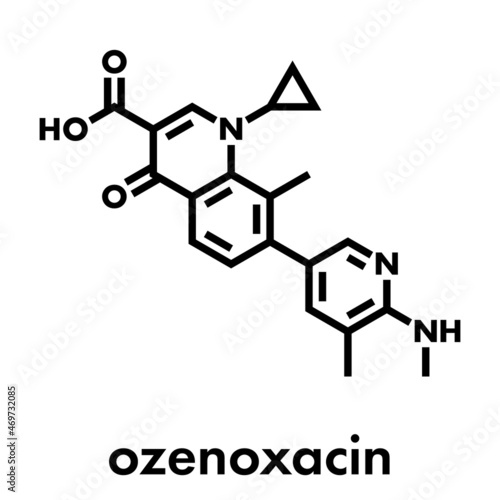 Ozenoxacin antibiotic drug molecule  used in treatment of impetigo. Skeletal formula.