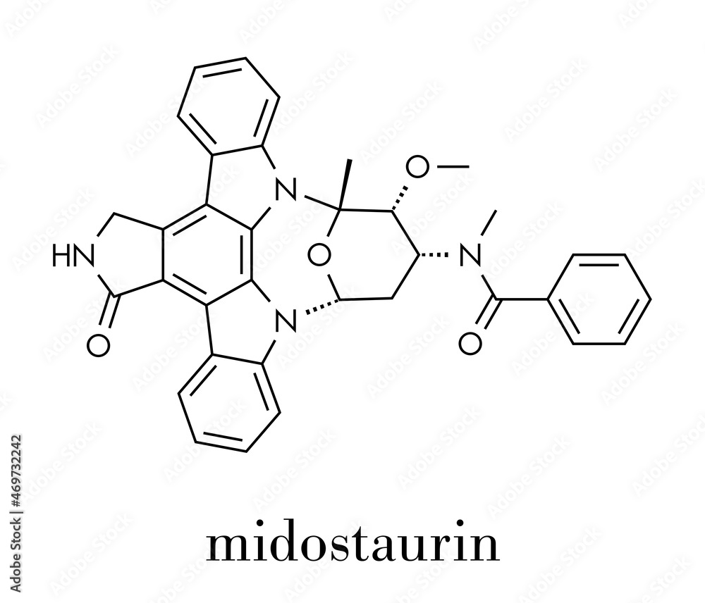 Fototapeta premium Midostaurin cancer drug molecule (protein kinase inhibitor). Skeletal formula.