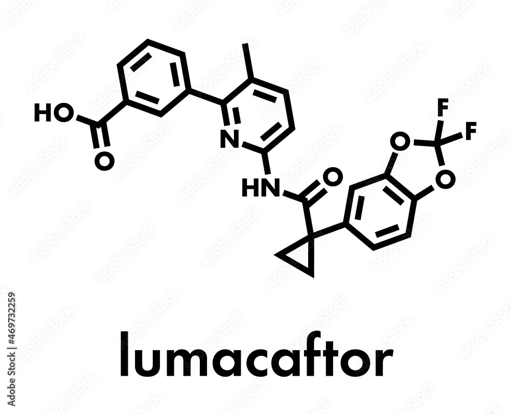 Lumacaftor cystic fibrosis drug molecule. Skeletal formula. Lumacaftor cystic fibrosis drug molecule. Skeletal formula.