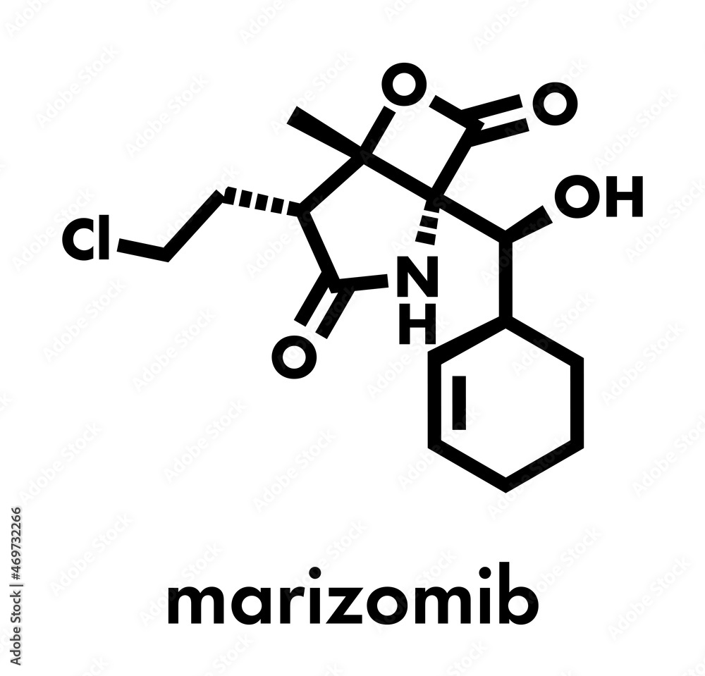 Marizomib (salinosporamide A) cancer drug molecule (proteasome inhibitor). Skeletal formula.