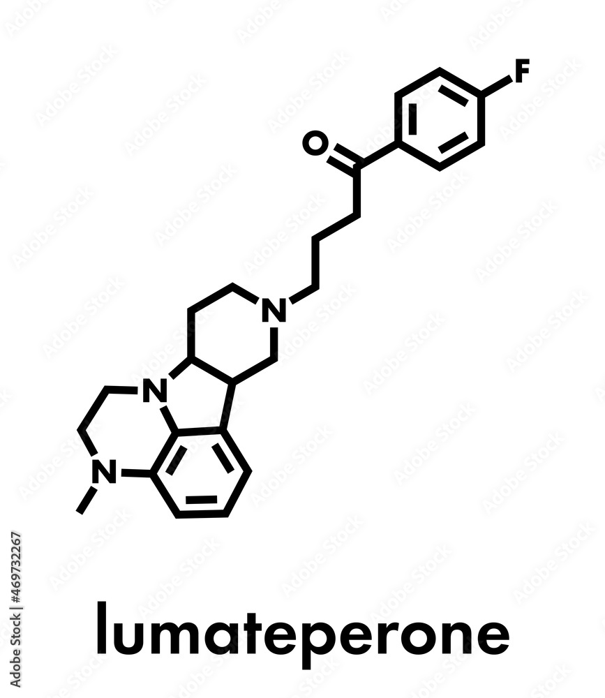 Lumateperone antipsychotic drug molecule. Skeletal formula. Lumateperone antipsychotic drug molecule. Skeletal formula.