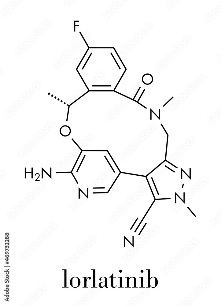 Lorlatinib cancer drug molecule. Skeletal formula. Lorlatinib cancer drug molecule. Skeletal formula.