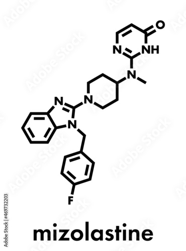 Mizolastine antihistamine drug molecule. Skeletal formula.