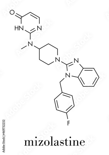 Mizolastine antihistamine drug molecule. Skeletal formula.