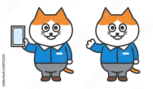 Set of red tabby and white cat working in sales. Vector illustration isolated on white background.