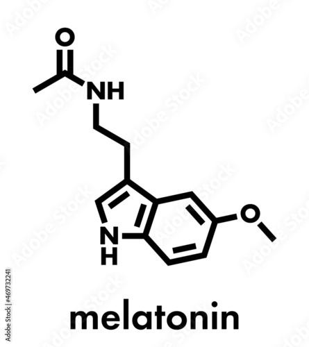 Melatonin hormone molecule. In humans, it plays a role in circadian rhythm synchronization. Skeletal formula.