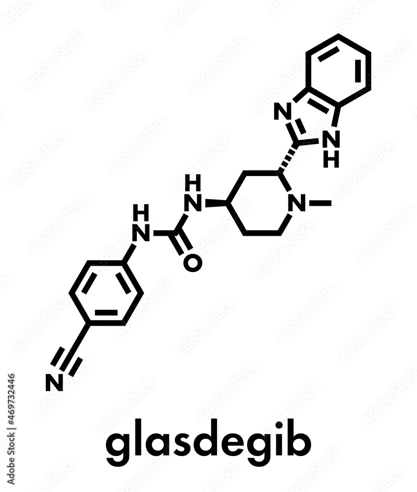 Glasdegib cancer drug molecule. Skeletal formula. Glasdegib cancer drug molecule. Skeletal formula.