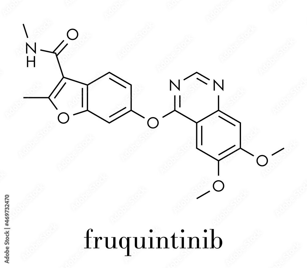 Fruquintinib cancer drug molecule. Skeletal formula.