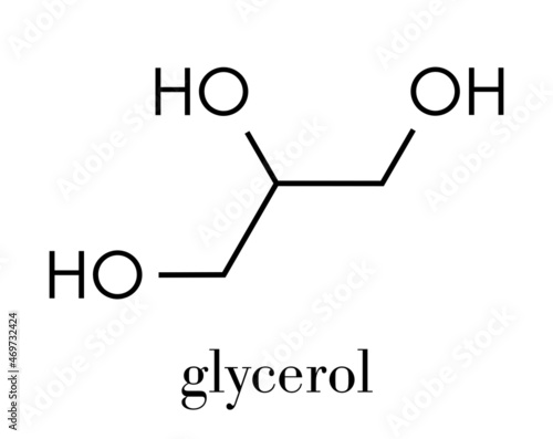 Glycerol (glycerin) molecule. Produced from fat and oil triglycerides. Used as sweetener, solvent and preservative in food and drugs. Skeletal formula.