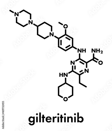 Gilteritinib cancer drug molecule (kinase inhibitor). Skeletal formula.